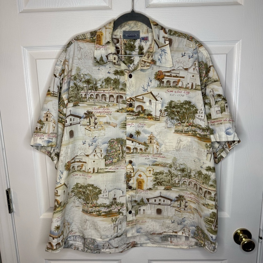 High Seas Trading Co Vintage Mens California Tropical Scene Button Down Size XL